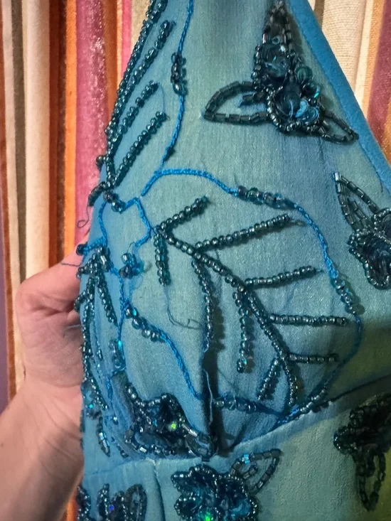 VNTG Caché 100% SILK Beaded Fairy Gown Y2K Teal Blue Handkerchief Hem SZ 6 - Picture 7 of 8